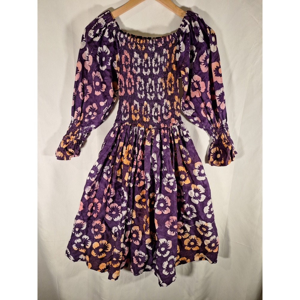 Busayo Purple Floral Batik Smocked Cotton Mini Dress Long Sleeve Medium
